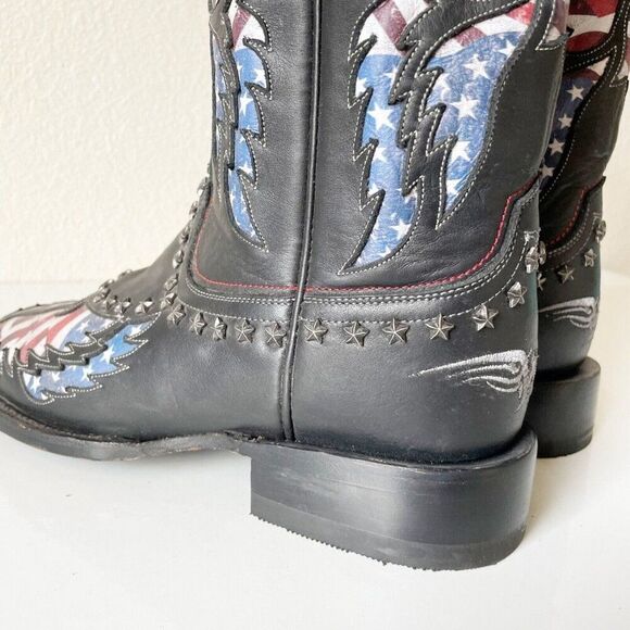 Lane OLD GLORY Mens Cowboy Boots 9 Square Toe Black Leather Biker Boots Western - Picture 5 of 14